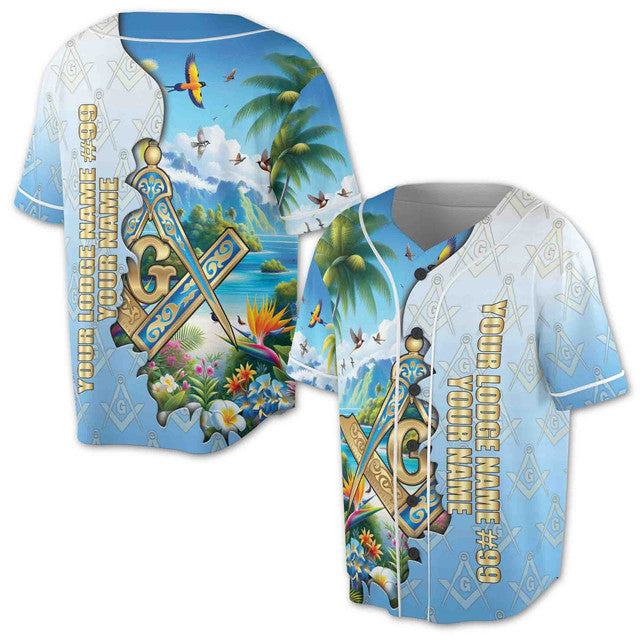 Custom Masonic Freemasonry Blue Tropical Nature Baseball Jersey S-5XL