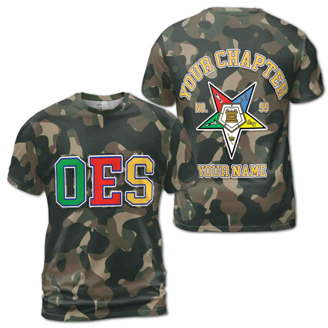 Customized Camo OES Order of the Eastern Star Pentagon Down 3D T-shirt S-5XL - FUKAMASONIC