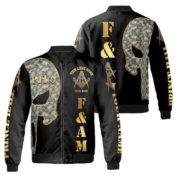 Custom Name Skull PHA F&AM Freemasonary Masonic Unisex Bomber Jacket S-5XL - FUKAMASONIC