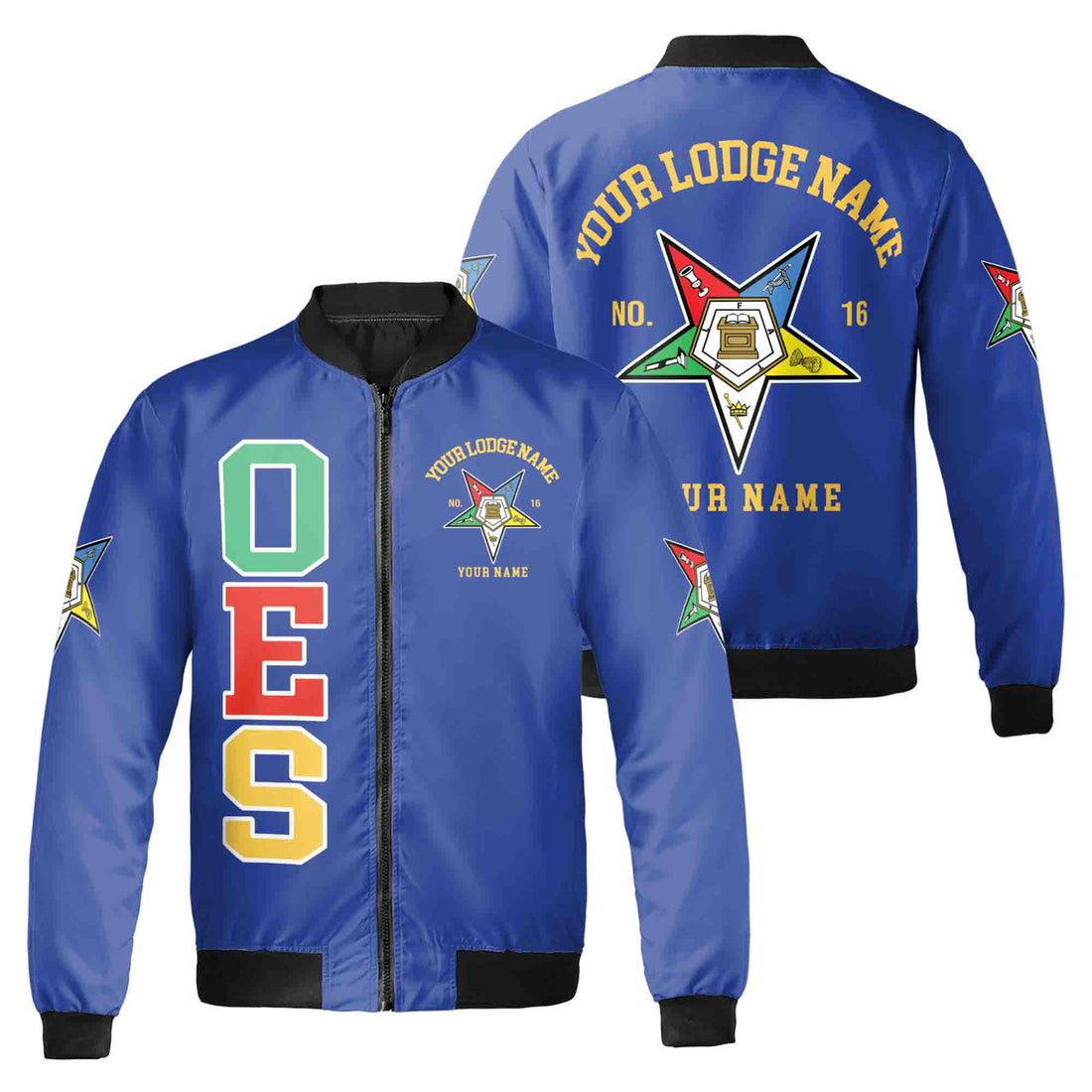 Custom Name Order of the Eastern Star OES Pentagon Down AF&AM Unisex Bomber Jacket S-5XL - FUKAMASONIC