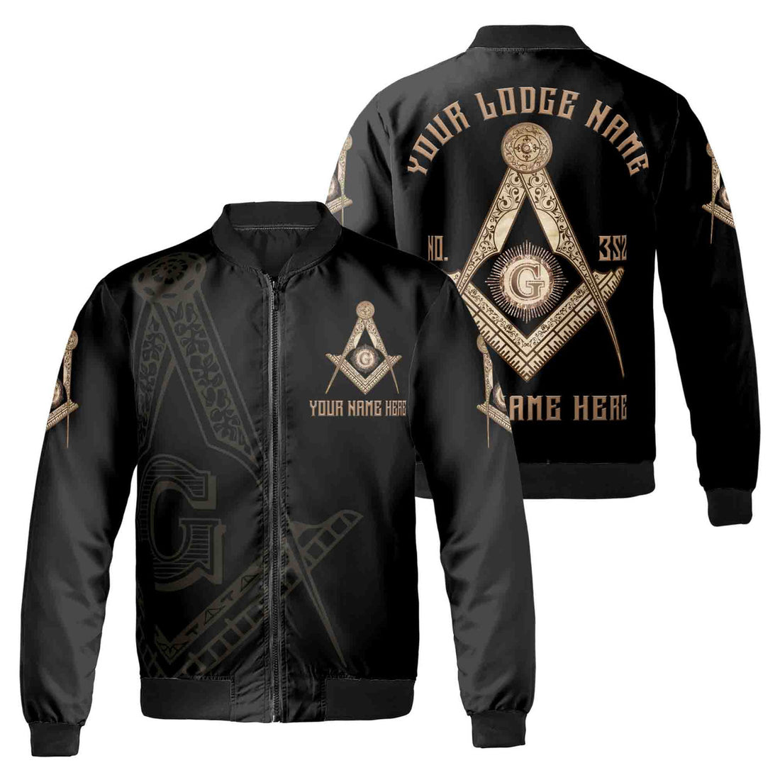 Customize Name, Lodge Name and Number Black and Rose Gold Freemason Unisex Bomber Jacket S-5XL - FUKAMASONIC