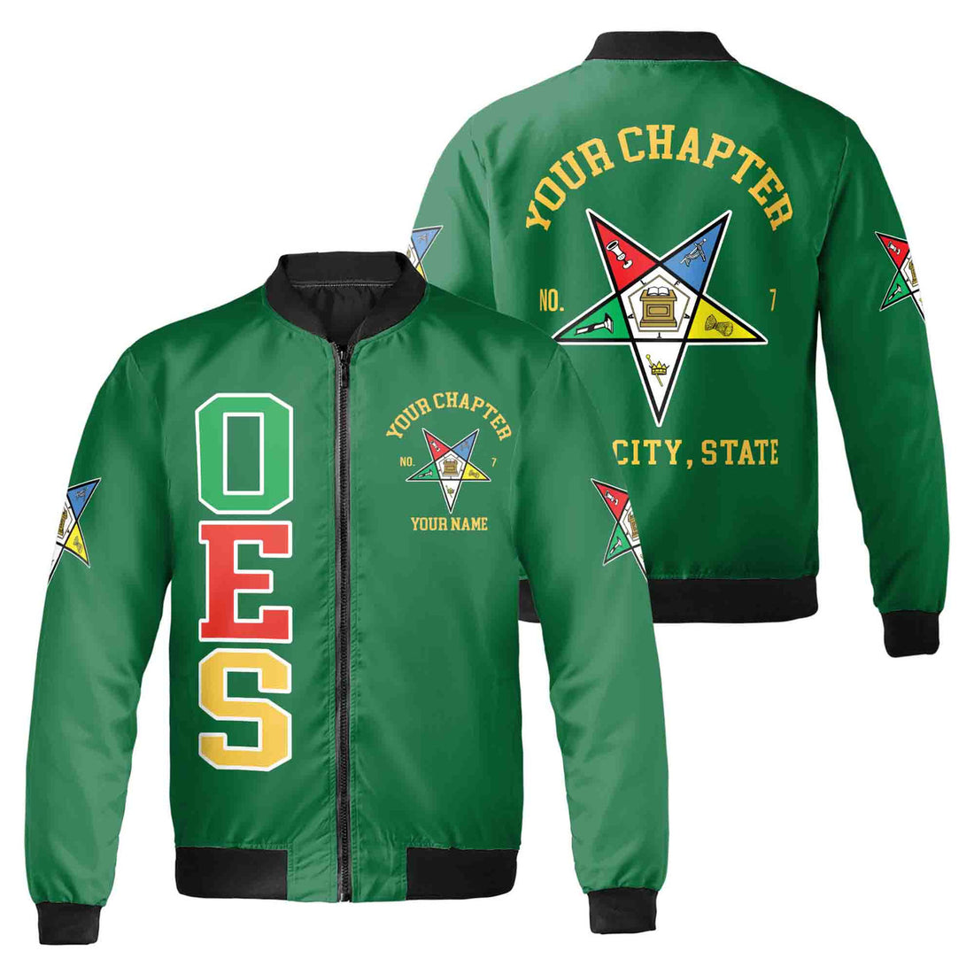 Custom Name Order of the Eastern Star OES Pentagon Up PHA Unisex Bomber Jacket S-5XL - FUKAMASONIC