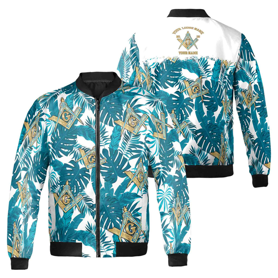 Customize Name Lodge Name Masonic Freemasonry Tropical Plants Unisex Bomber Jacket - FUKAMASONIC
