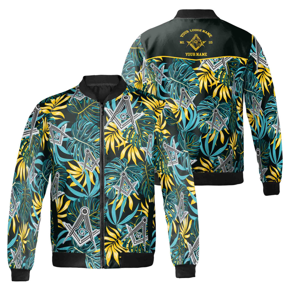 Customize Name Masonic Freemasonry Lodge Tropical Plants Bomber Jacket S-5XL - FUKAMASONIC