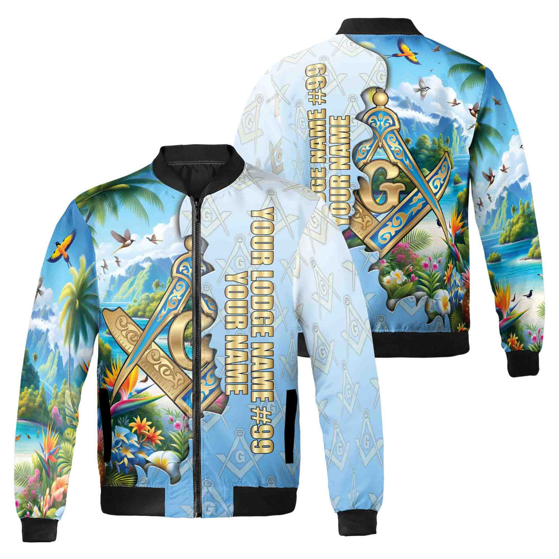 Custom Masonic Freemasonry Blue Tropical Nature Bomber Jacket S-5XL - FUKAMASONIC
