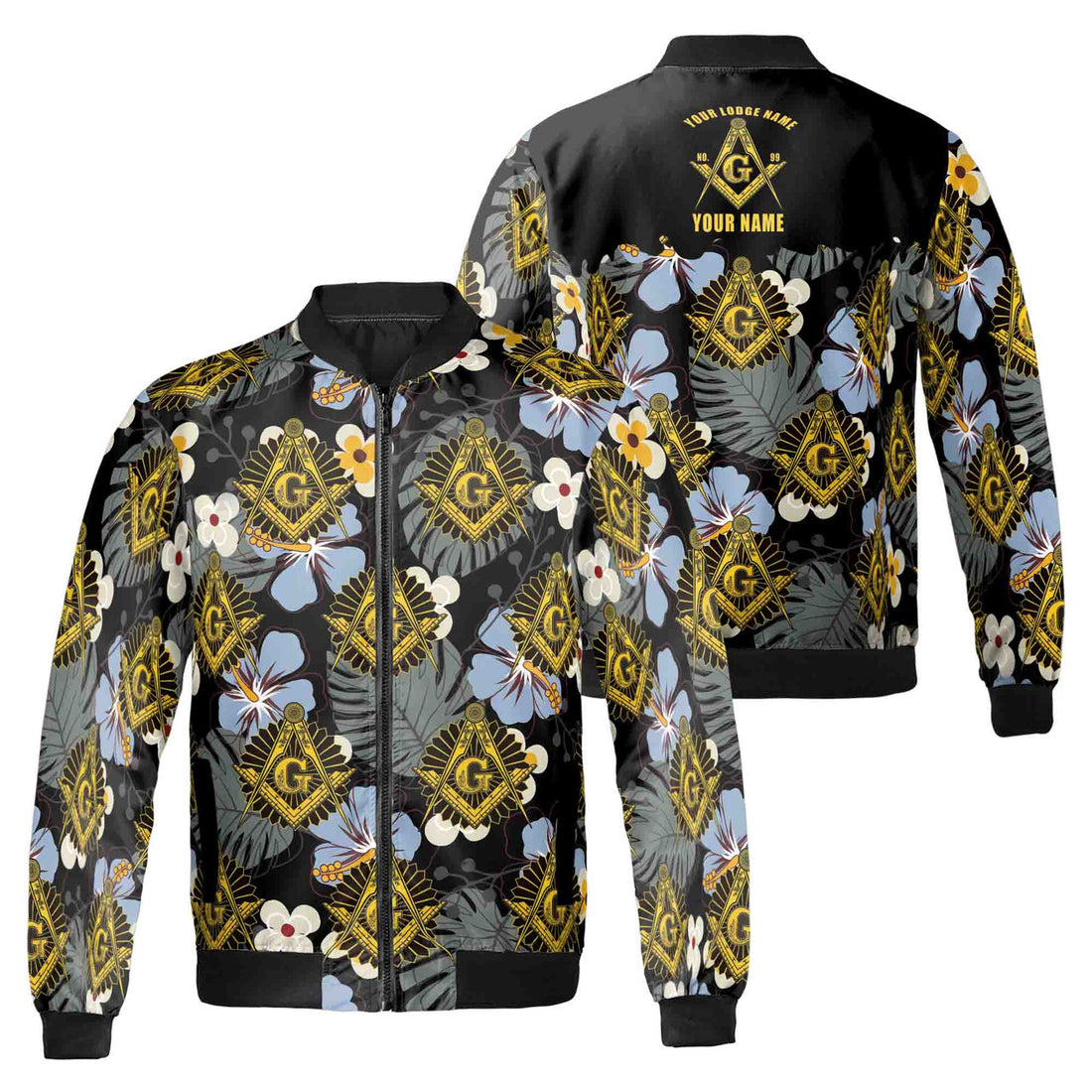Customize Freemasonry Master Mason Black Tropical Floral Bomber Jacket S-5XL - FUKAMASONIC