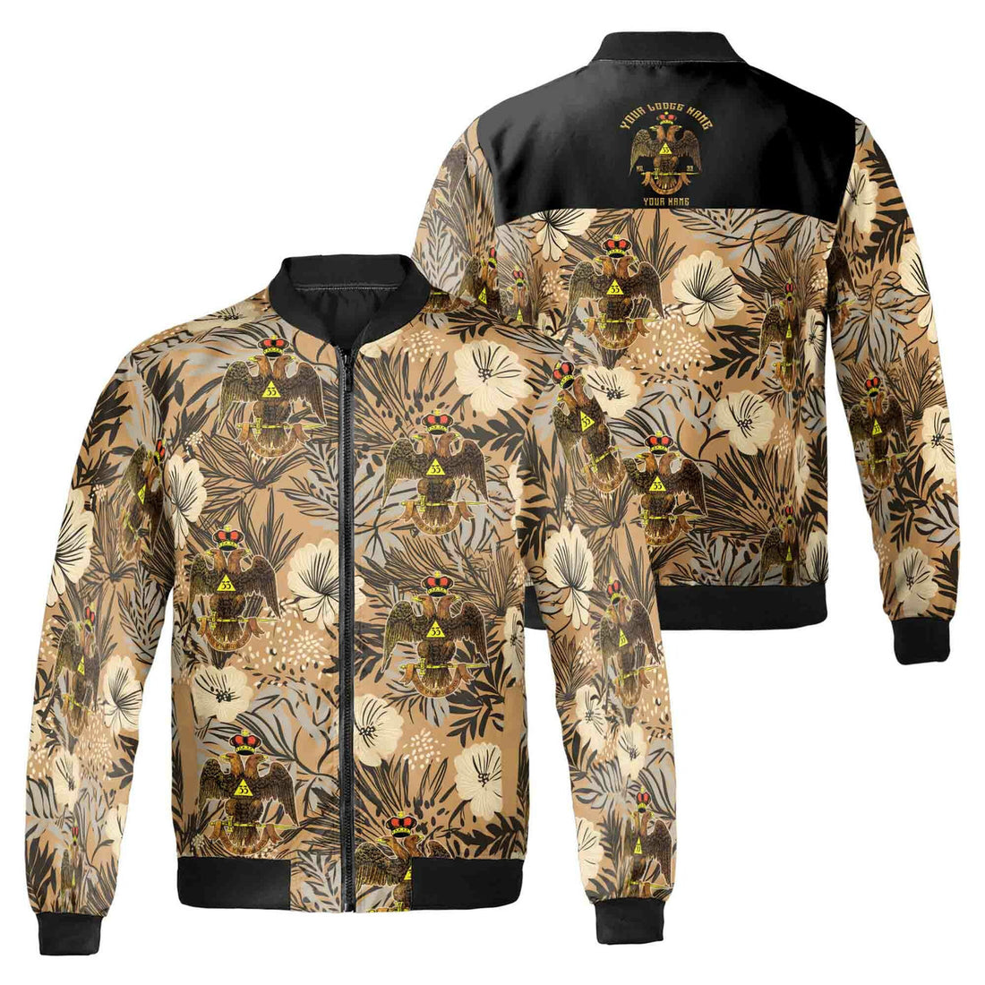 Customized Scottish Rite 33 Brown Tropical Floral Bomber Jacket S-5XL - FUKAMASONIC