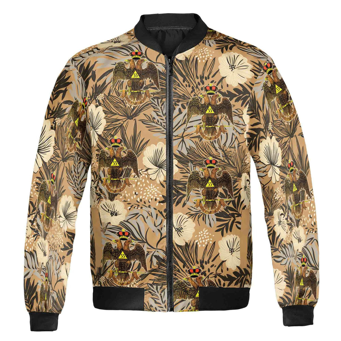 Customized Scottish Rite 33 Brown Tropical Floral Bomber Jacket S-5XL - FUKAMASONIC