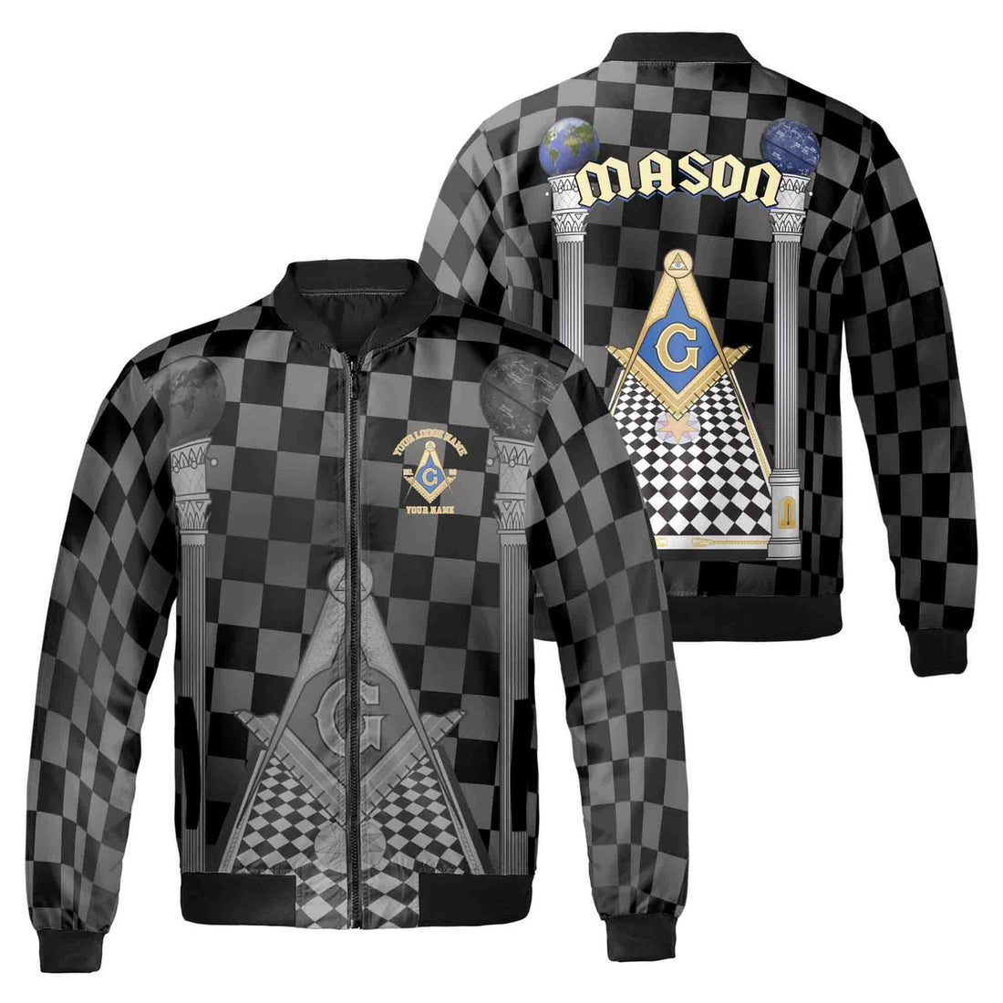 Personalized Blue Lodge Freemasonry With Caro Pattern Bomber Jacket S-5XL - FUKAMASONIC