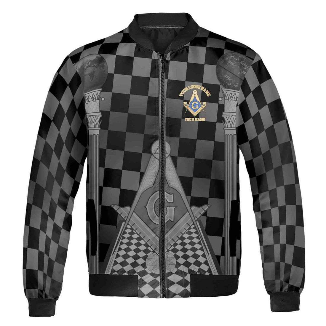 Personalized Blue Lodge Freemasonry With Caro Pattern Bomber Jacket S-5XL - FUKAMASONIC