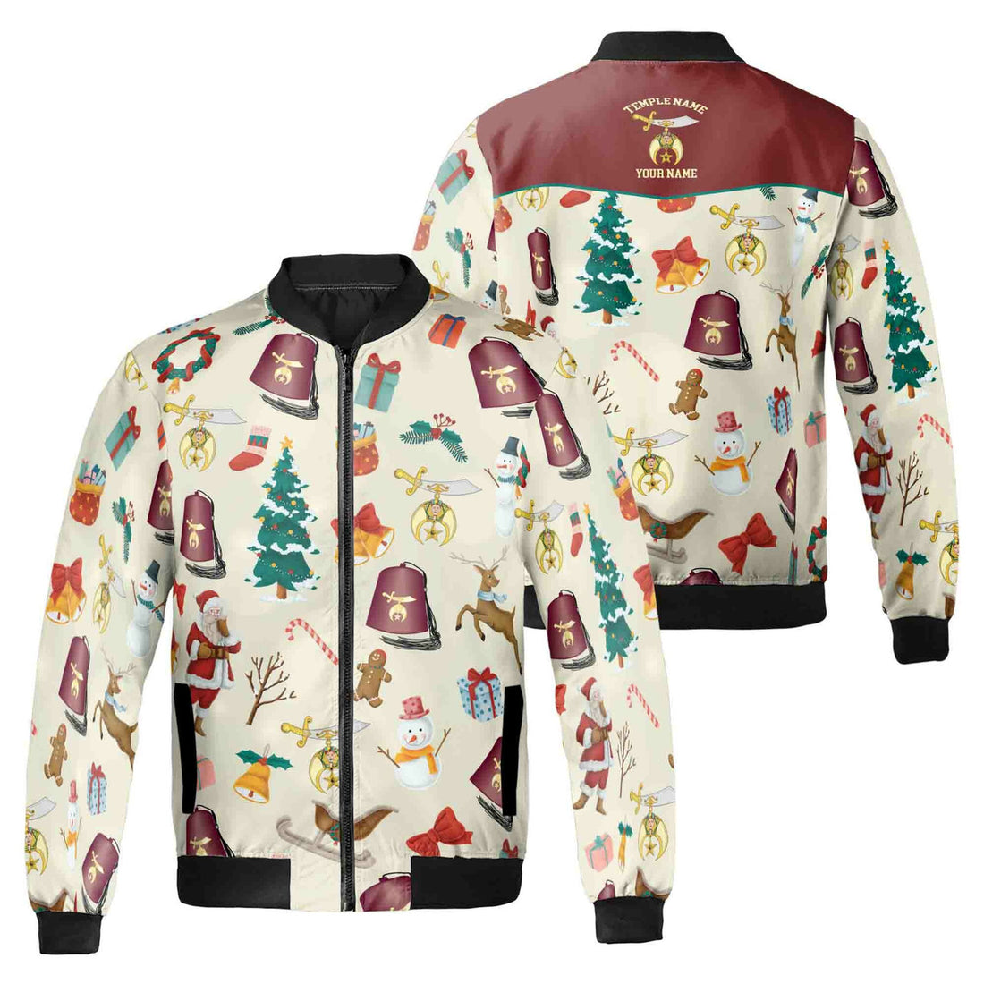 Customized Happy Christmas With Noble Shriners Masonry Bomber Jacket S-5XL - FUKAMASONIC