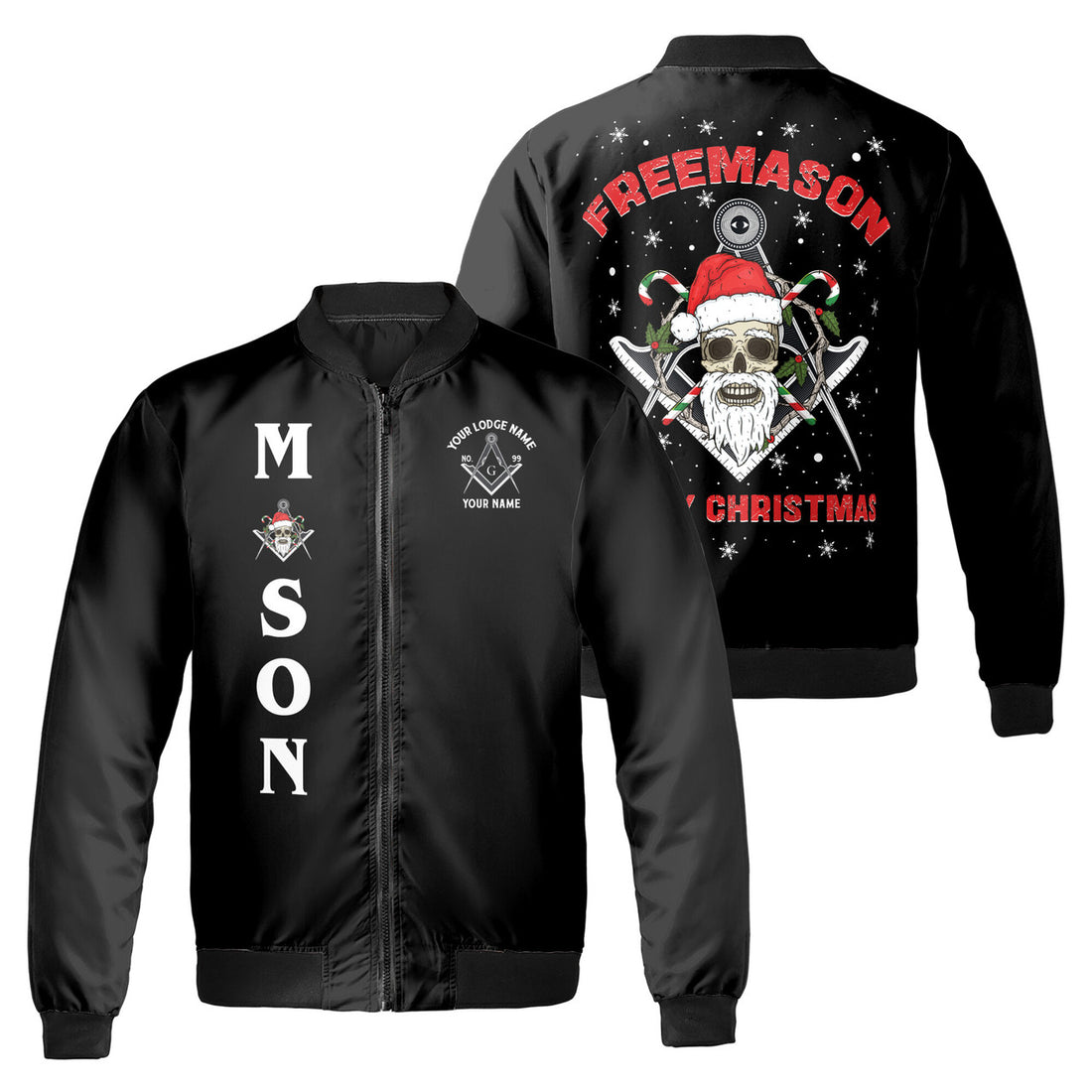 Peronalized Freemason Merry X-mas with Santa Skull Mason Bomber Jacket S-5XL - FUKAMASONIC