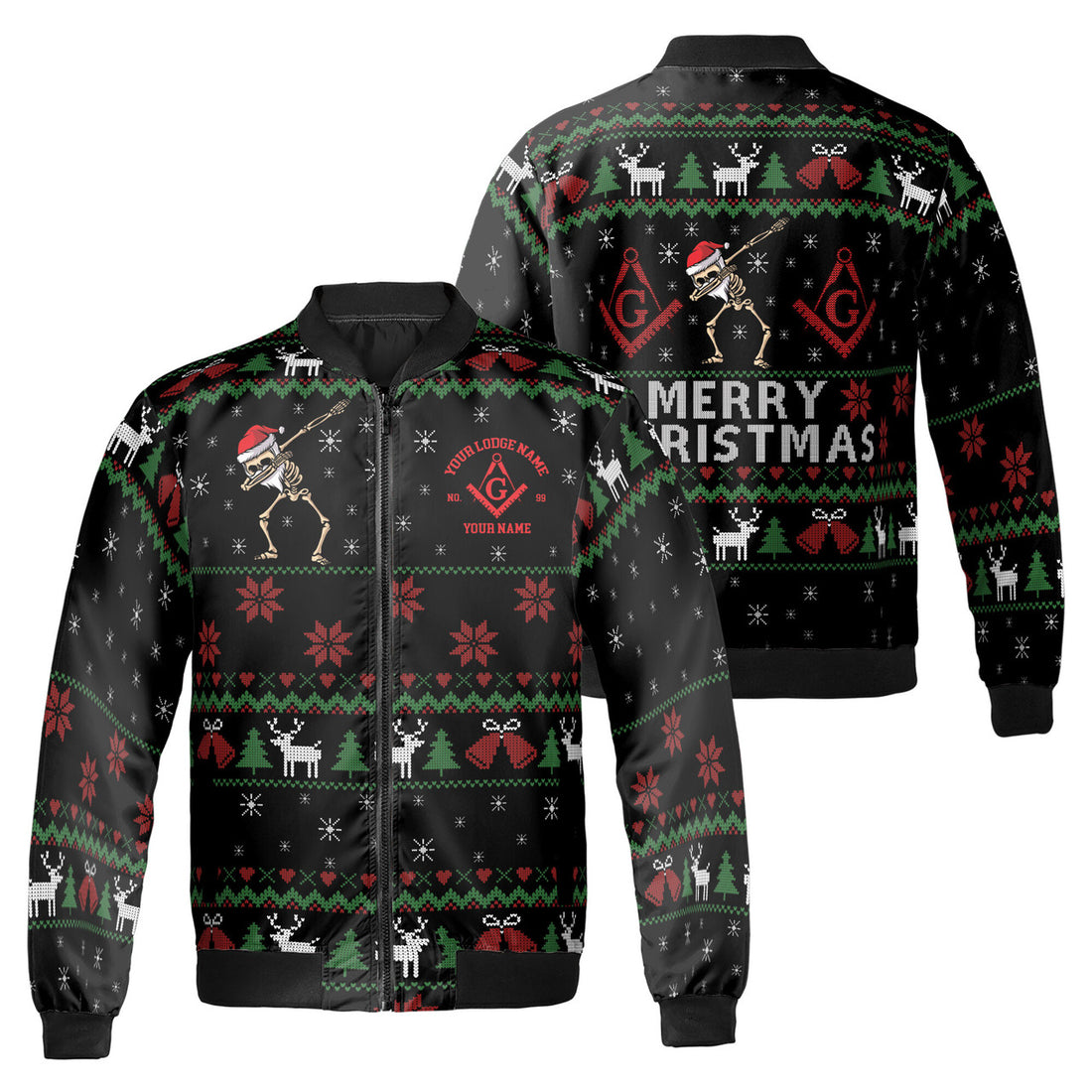 Customized Mason Merry Christmas Funny Santa Skull Bomber Jacket S-5XL - FUKAMASONIC