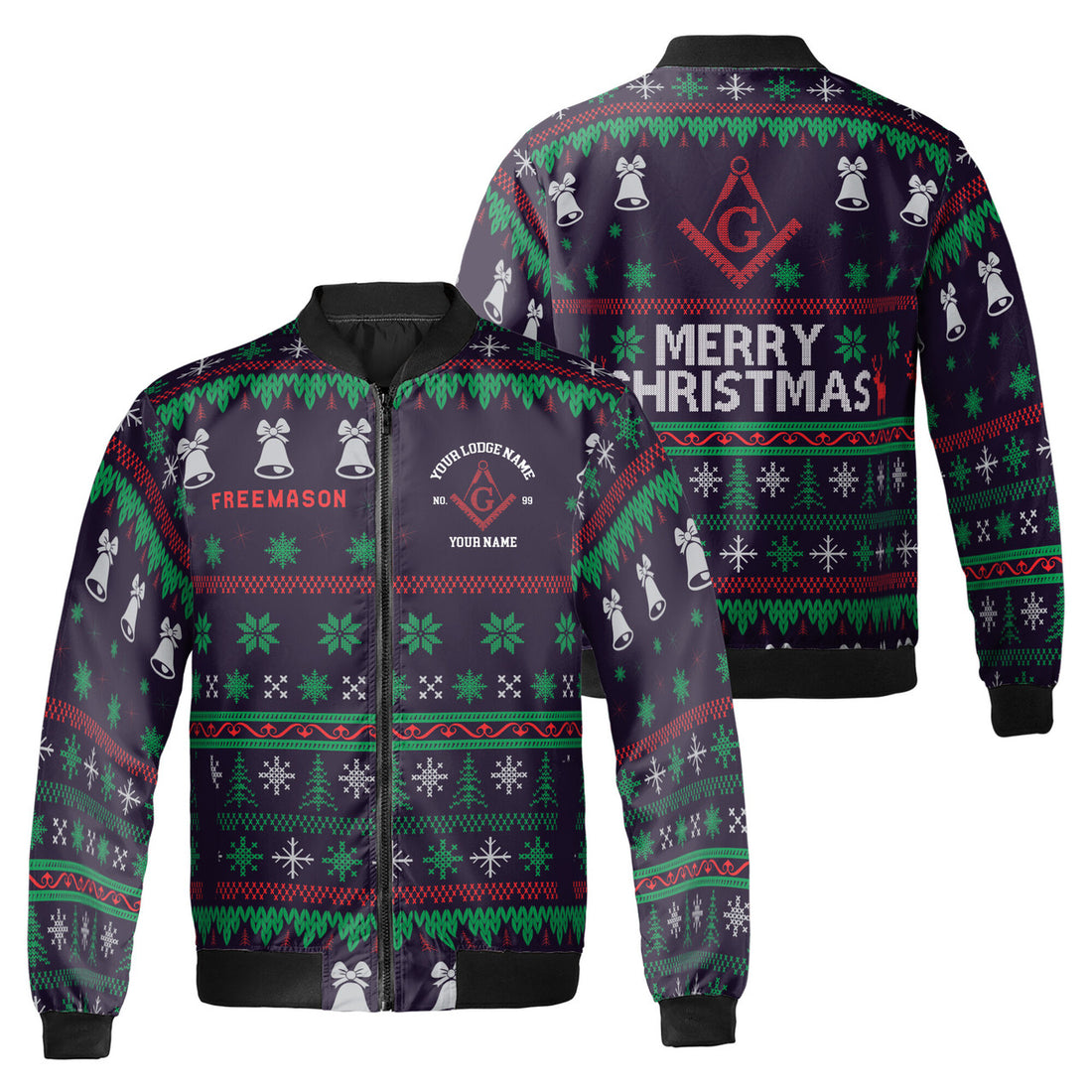 Customized Freemason Mason Christmas Pattern Bomber Jacket S-5XL - FUKAMASONIC