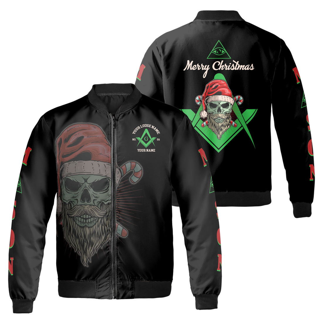 Personalized Masonic Merry Christmas Skull Wearing Santa Hat Bomber Jacket S-5XL - FUKAMASONIC