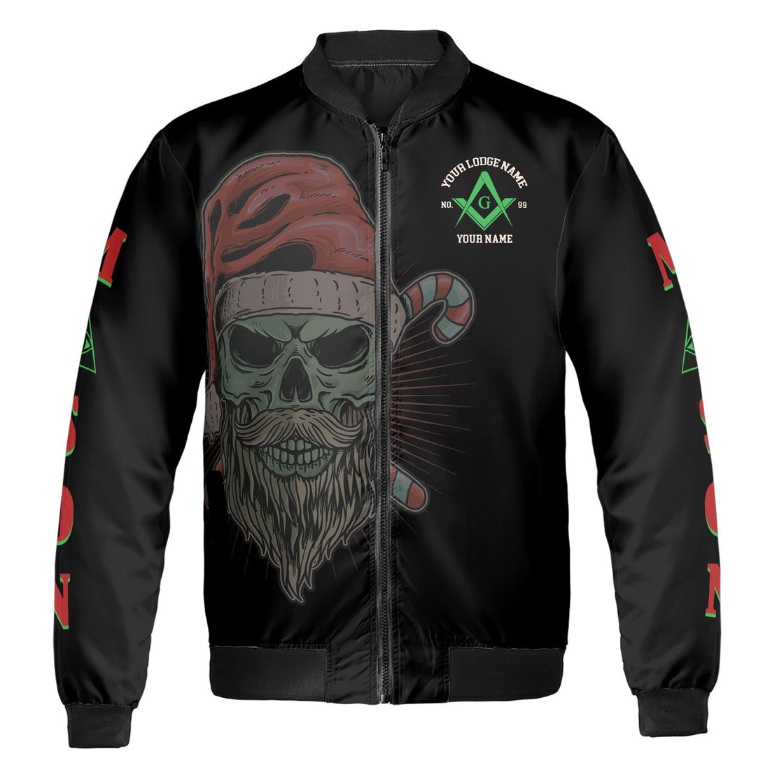 Personalized Masonic Merry Christmas Skull Wearing Santa Hat Bomber Jacket S-5XL - FUKAMASONIC