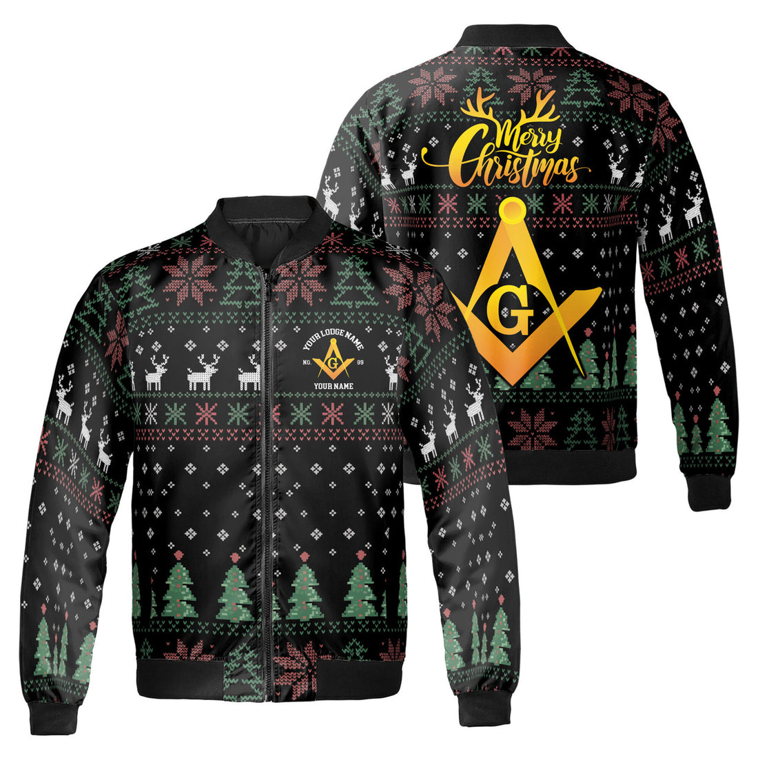 Customized Mason Pine Tree Reindeer Antler Pattern Christmas Bomber Jacket S-5XL - FUKAMASONIC