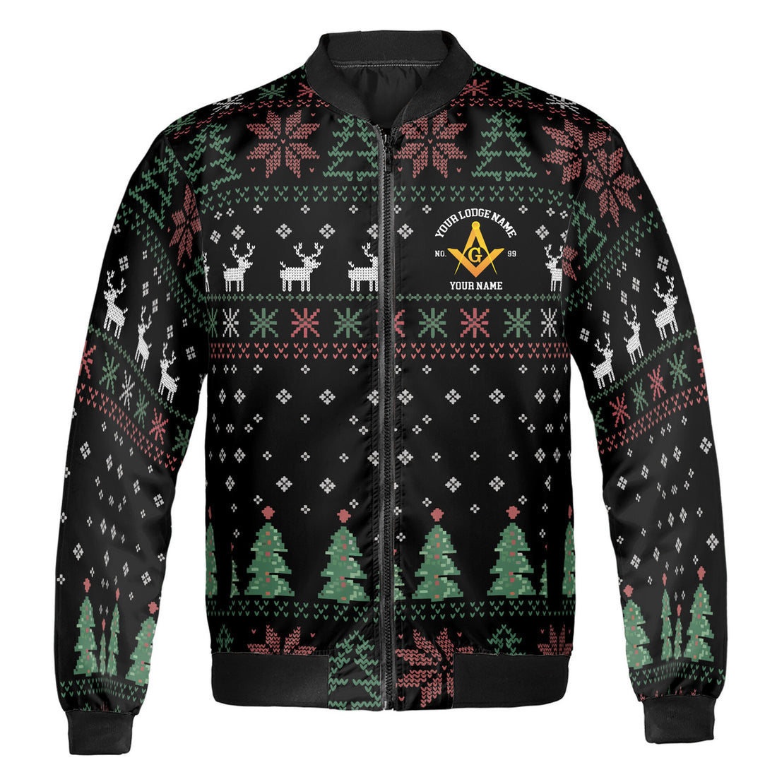 Customized Mason Pine Tree Reindeer Antler Pattern Christmas Bomber Jacket S-5XL - FUKAMASONIC