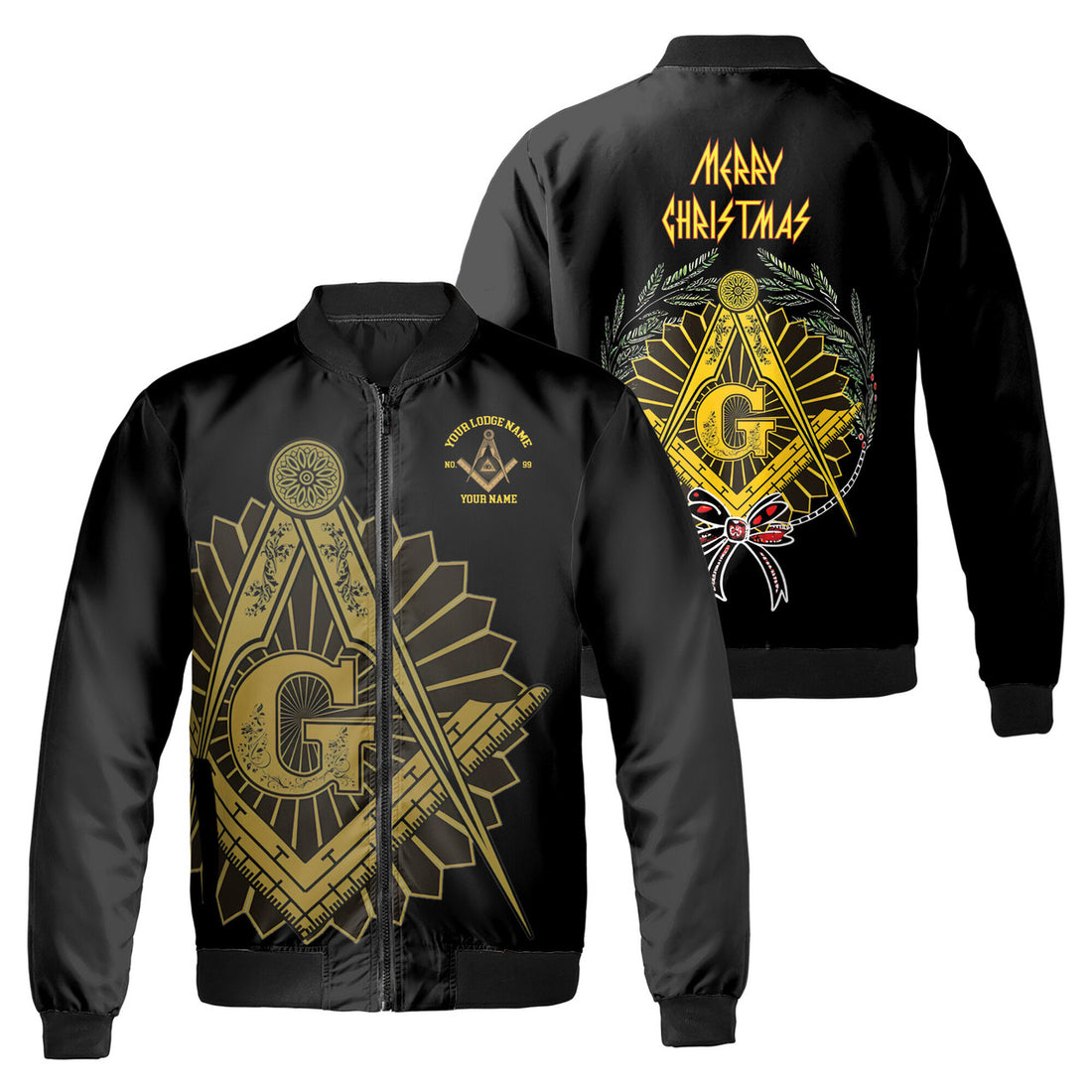 Customized Mason with Red Bow Pine Tree Merry Christmas Freemason Bomber Jacket S-5XL - FUKAMASONIC