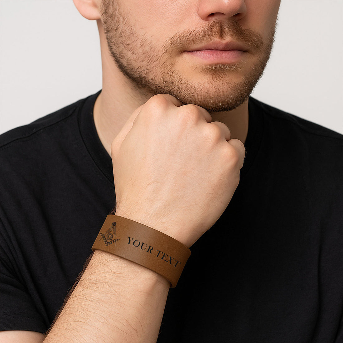 Custom Masonic Master Mason Symbol Engraved Leatherette Cuff Wristband - FUKAMASONIC