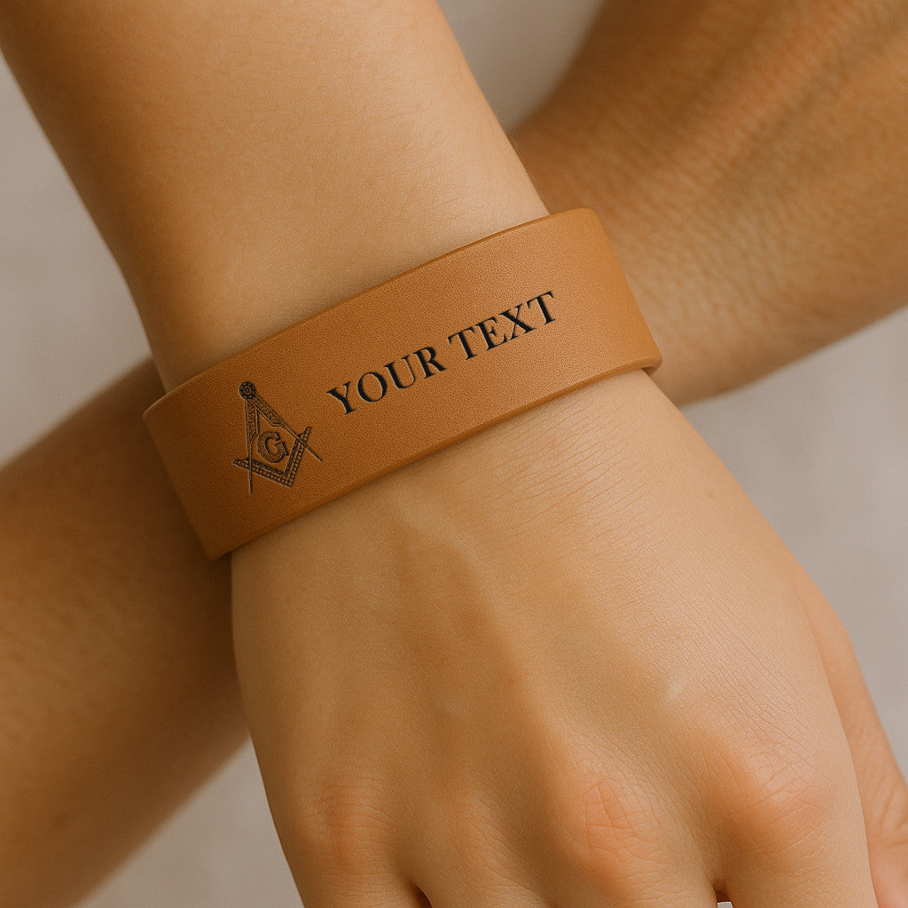Custom Masonic Master Mason Symbol Engraved Leatherette Cuff Wristband - FUKAMASONIC