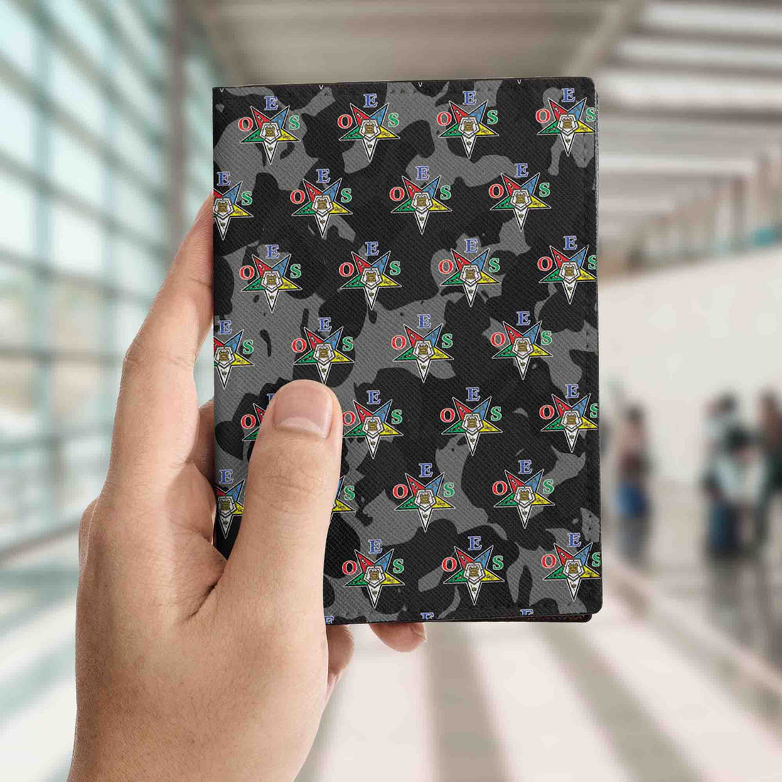 Black Camo Order of the Eastern Star OES Pentagon Down Passport Holder