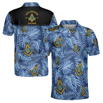 Customize Name Lodge Name Masonic Freemasonry Tropical Plants Blue Men's Polo Shirt S-5XL - FUKAMASONIC