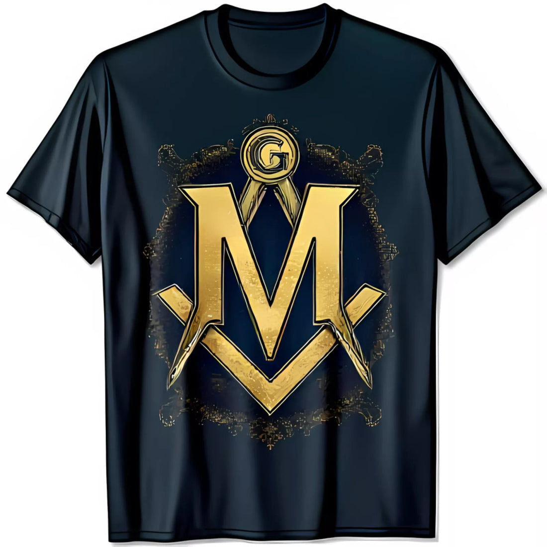 Intricate Gold Masonic Symbol T-Shirt Bold M with Square & on Blue