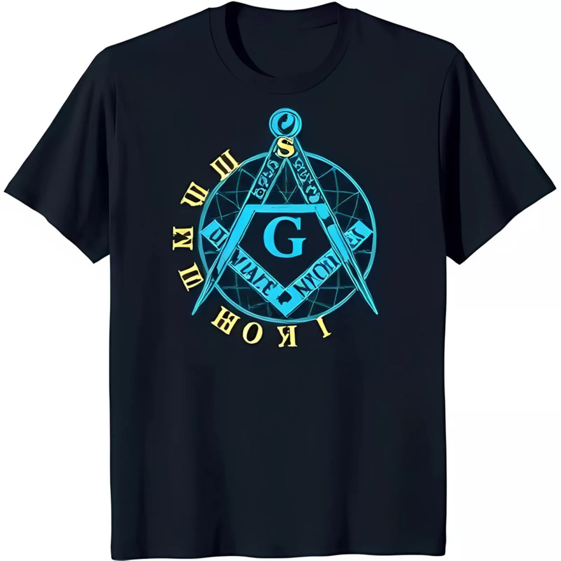 Men's Black T-Shirt with Masonic and Square Symbol Blue & White Design