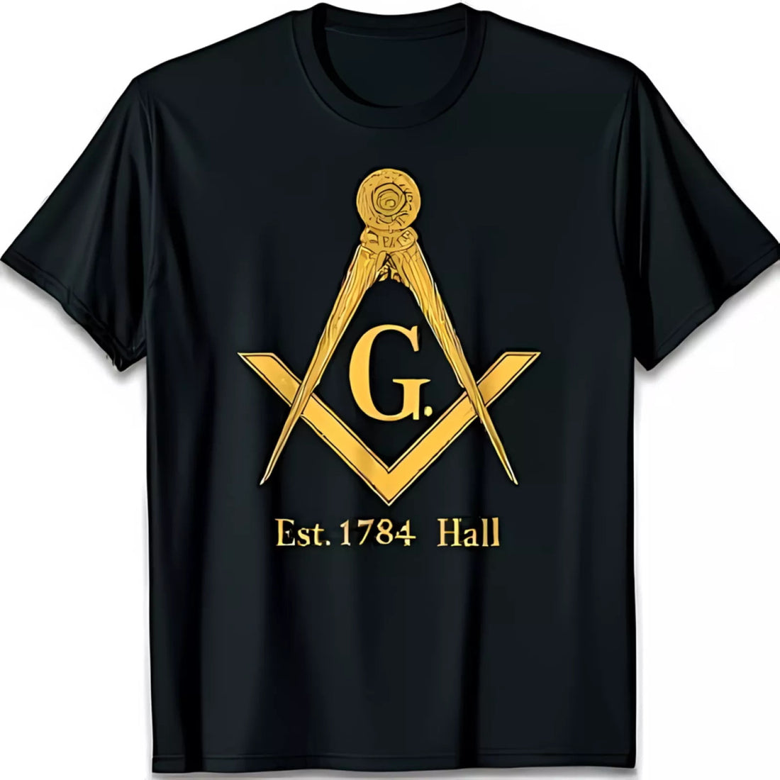 Men's Black T-Shirt with Golden Masonic & Square Symbol Est 1784 Hall