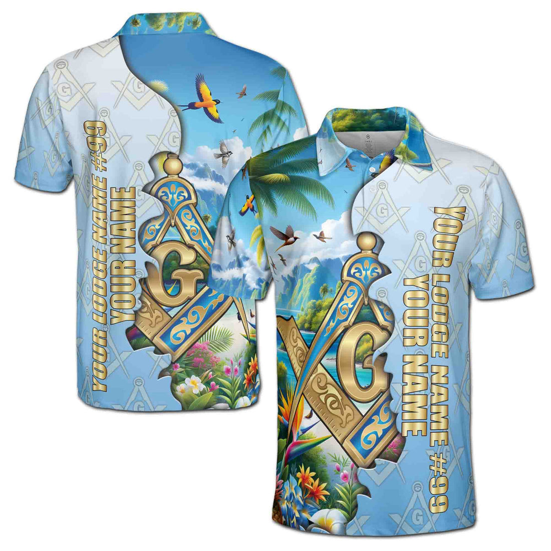Custom Masonic Freemasonry Blue Tropical Nature Men's Polo Shirt S-5XL - FUKAMASONIC