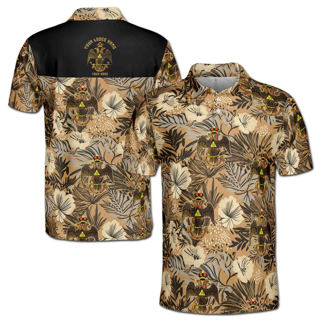 Customized Scottish Rite 33 Brown Tropical Floral Men's Polo Shirt S-5XL - FUKAMASONIC