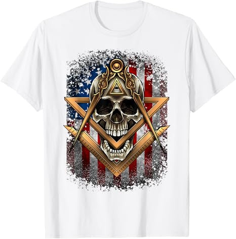 Masonic USA American Flag Skull Square & Compass Freemason T-Shirt - FUKAMASONIC