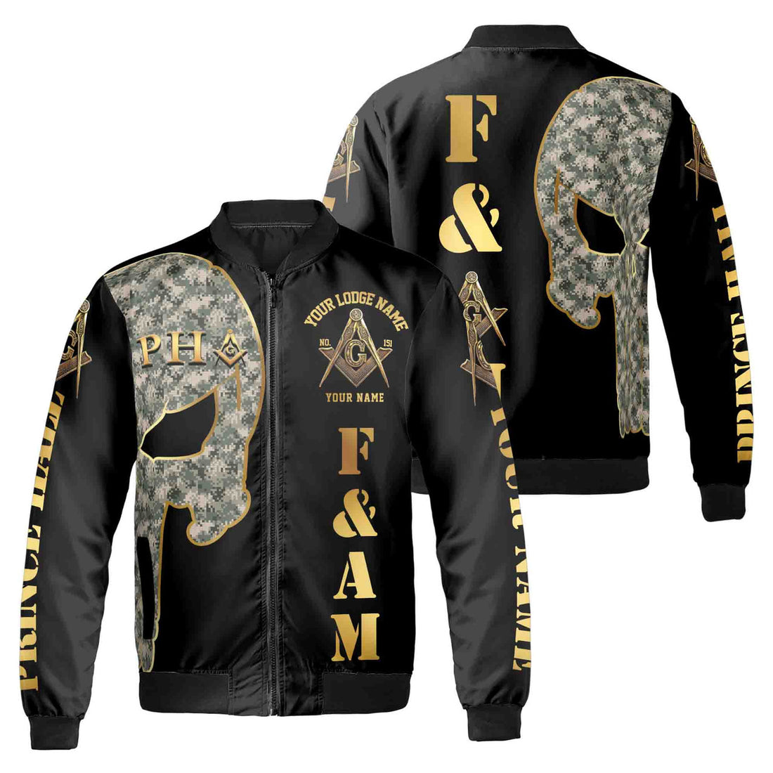 Custom Name Skull PHA F&AM Freemasonary Masonic Unisex Bomber Jacket S-5XL - FUKAMASONIC
