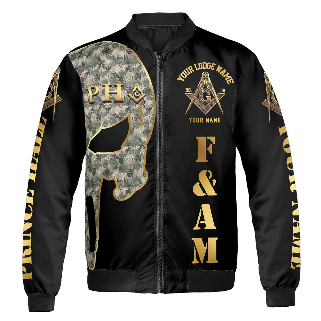 Custom Name Skull PHA F&AM Freemasonary Masonic Unisex Bomber Jacket S-5XL - FUKAMASONIC