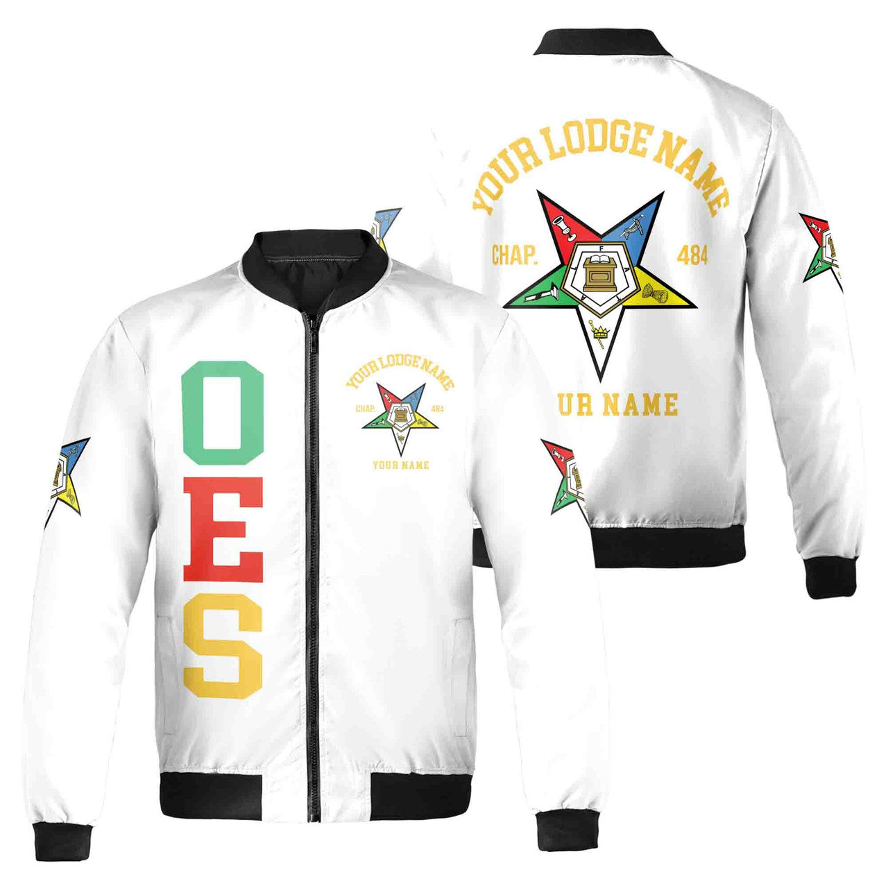Customize Name Order of the Eastern Star OES Pentagon Down AF&AM Unisex Bomber Jacket S-5XL - FUKAMASONIC