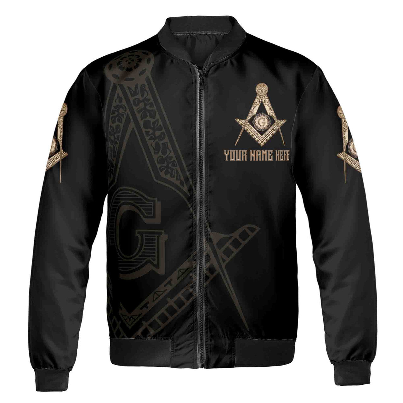 Customize Name, Lodge Name and Number Black and Rose Gold Freemason Unisex Bomber Jacket S-5XL - FUKAMASONIC