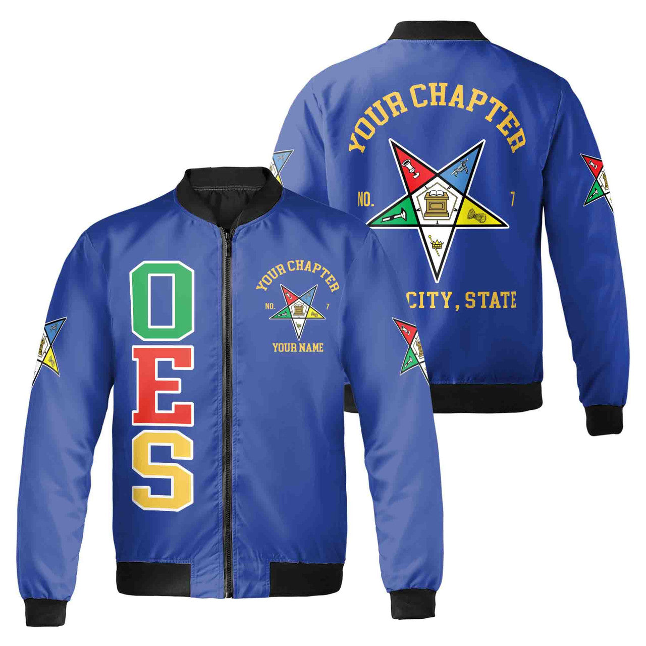 Custom Name Order of the Eastern Star OES Pentagon Up PHA Unisex Bomber Jacket S-5XL - FUKAMASONIC