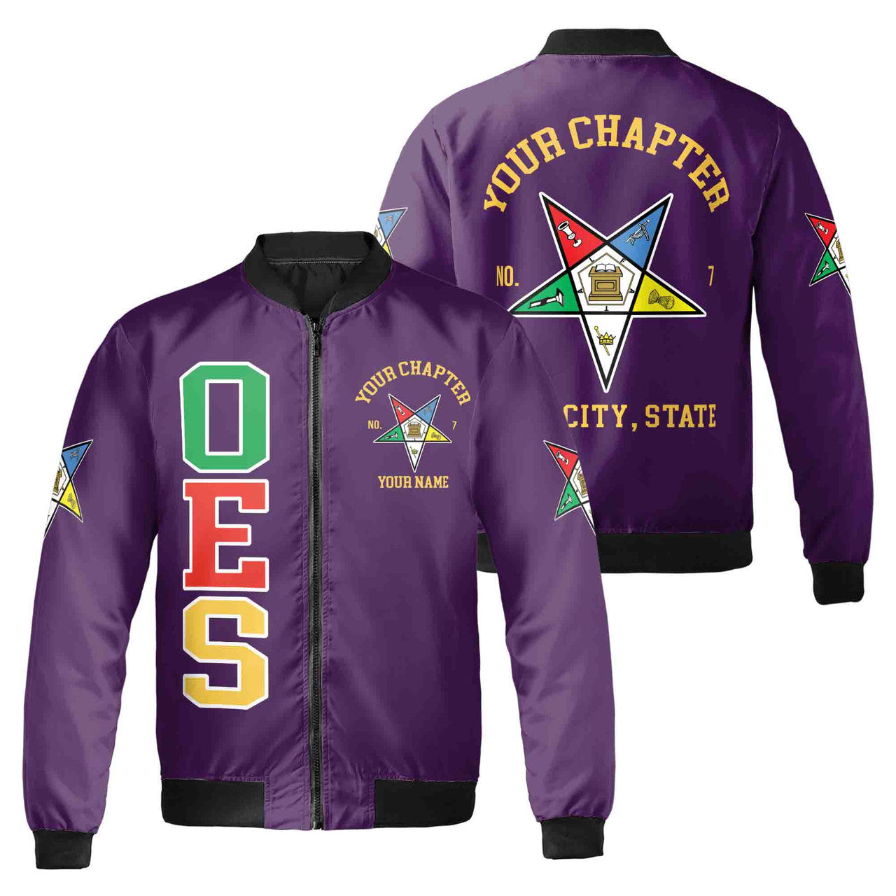 Custom Name Order of the Eastern Star OES Pentagon Up PHA Unisex Bomber Jacket S-5XL - FUKAMASONIC