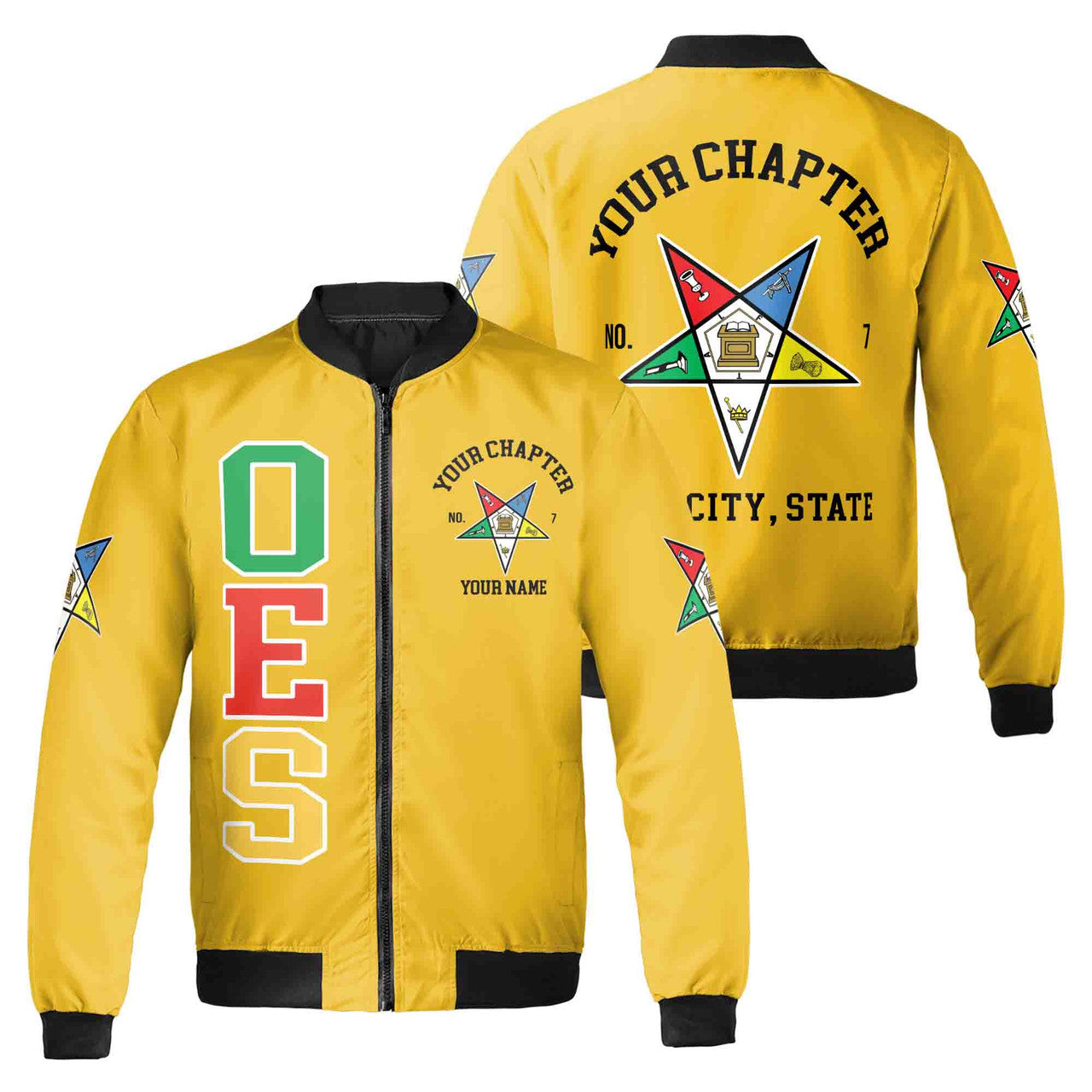 Custom Name Order of the Eastern Star OES Pentagon Up PHA Unisex Bomber Jacket S-5XL - FUKAMASONIC