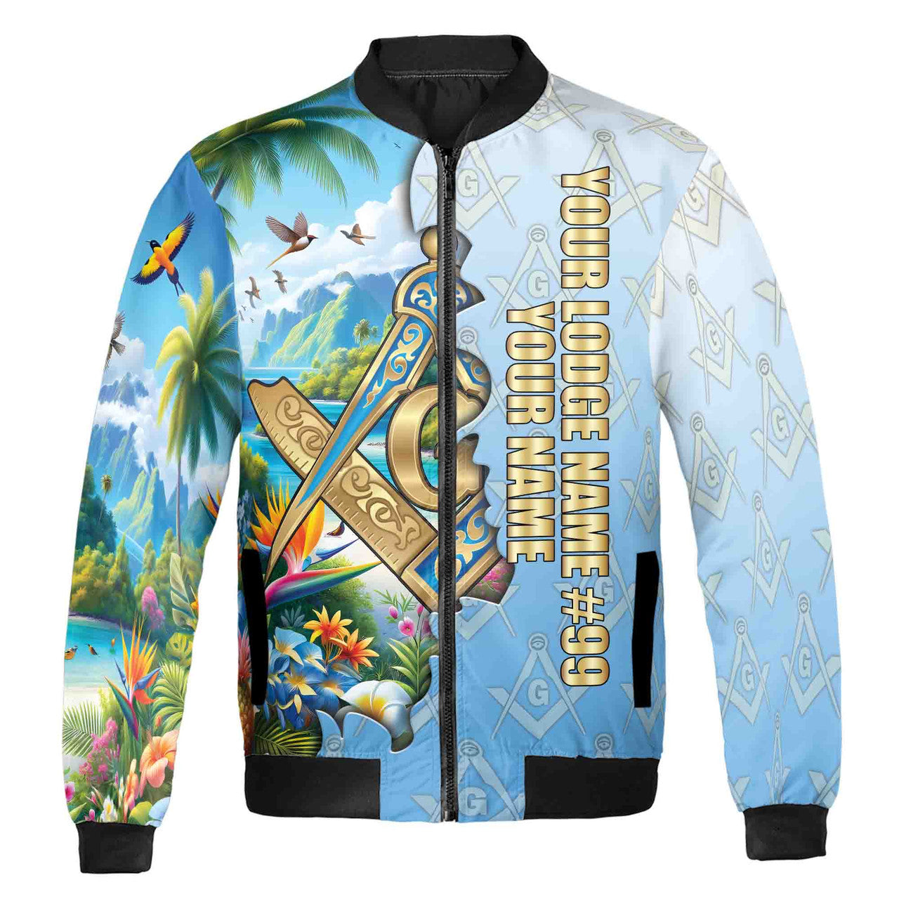 Custom Masonic Freemasonry Blue Tropical Nature Bomber Jacket S-5XL - FUKAMASONIC