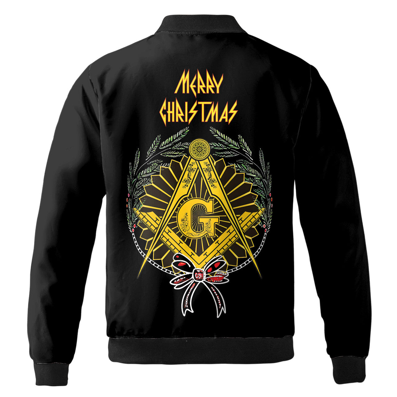 Customized Mason with Red Bow Pine Tree Merry Christmas Freemason Bomber Jacket S-5XL - FUKAMASONIC