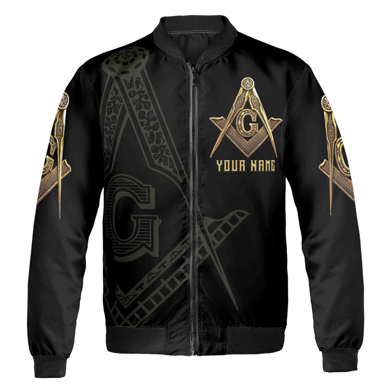 Customize Name, Lodge Name and Number Black and Gold Freemason Unisex Bomber Jacket S-5XL - FUKAMASONIC