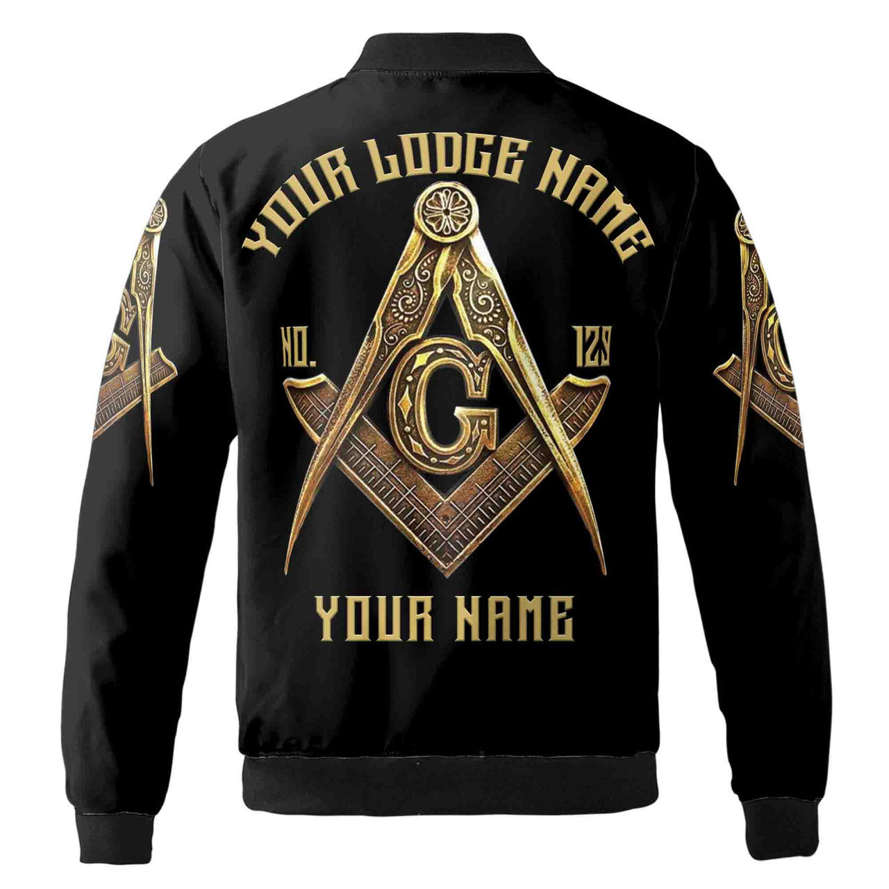 Customize Name, Lodge Name and Number Black and Gold Freemason Unisex Bomber Jacket S-5XL - FUKAMASONIC