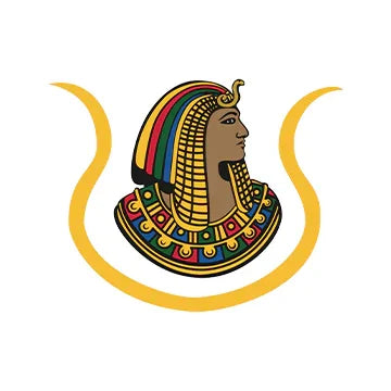 Colorful depiction of an Egyptian sphinx with a headdress