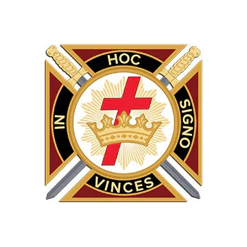 Emblem with crossed swords, red cross, and Latin text