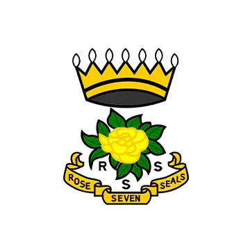 Logo with a yellow rose, green leaves, and a crown