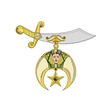 Decorative emblem with a sword, star, and face
