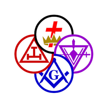 Four different symbols in red, black, blue, and purple