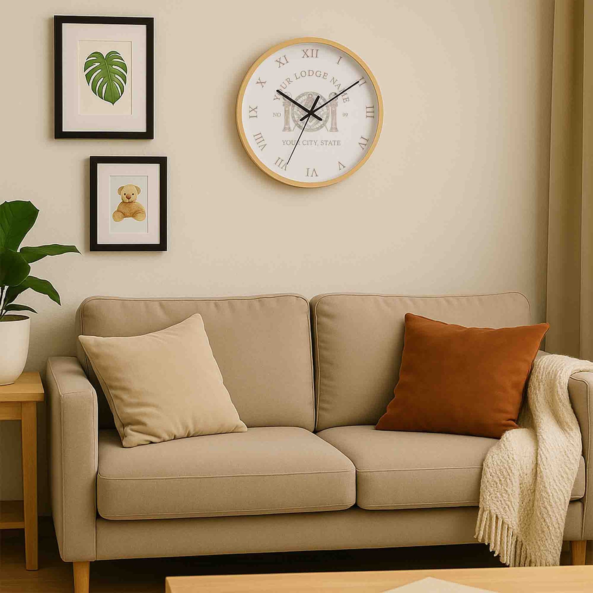 Customized Masonic Symbol Mason Globe Pillars Wall Clock, Freemason Lodge Gift - FUKAMASONIC